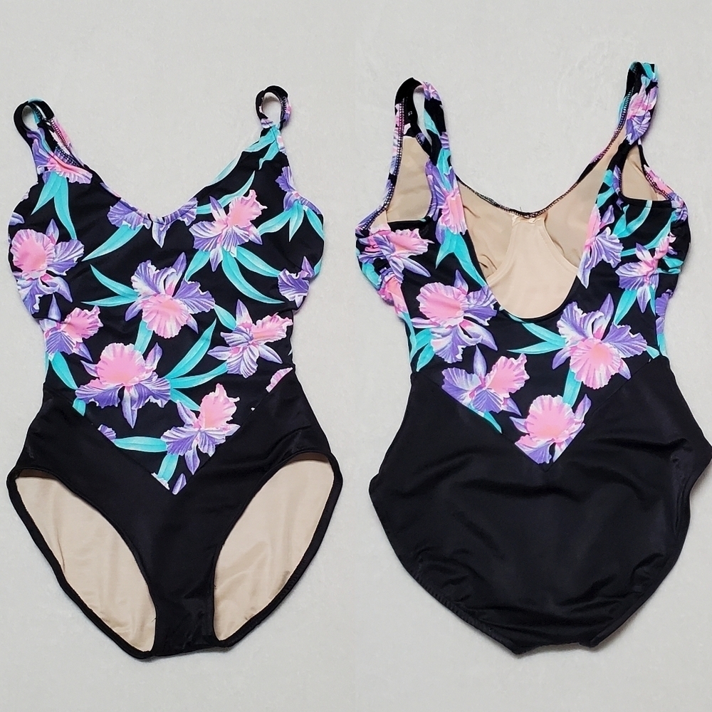 90s Vintage The Slim Suit Tropical Colorblock Body Shaper Push-Up Swimsuit 12
